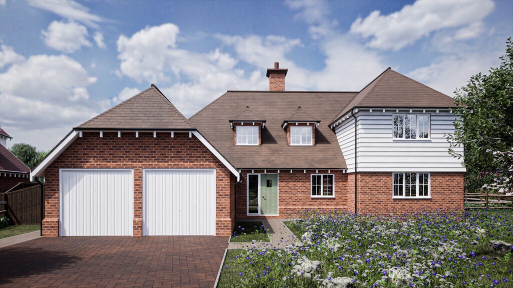 A newly built brick house with a double garage and block-paved driveway.