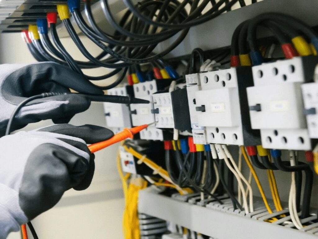 A gloved electrician testing a distribution board with a multimeter probe.